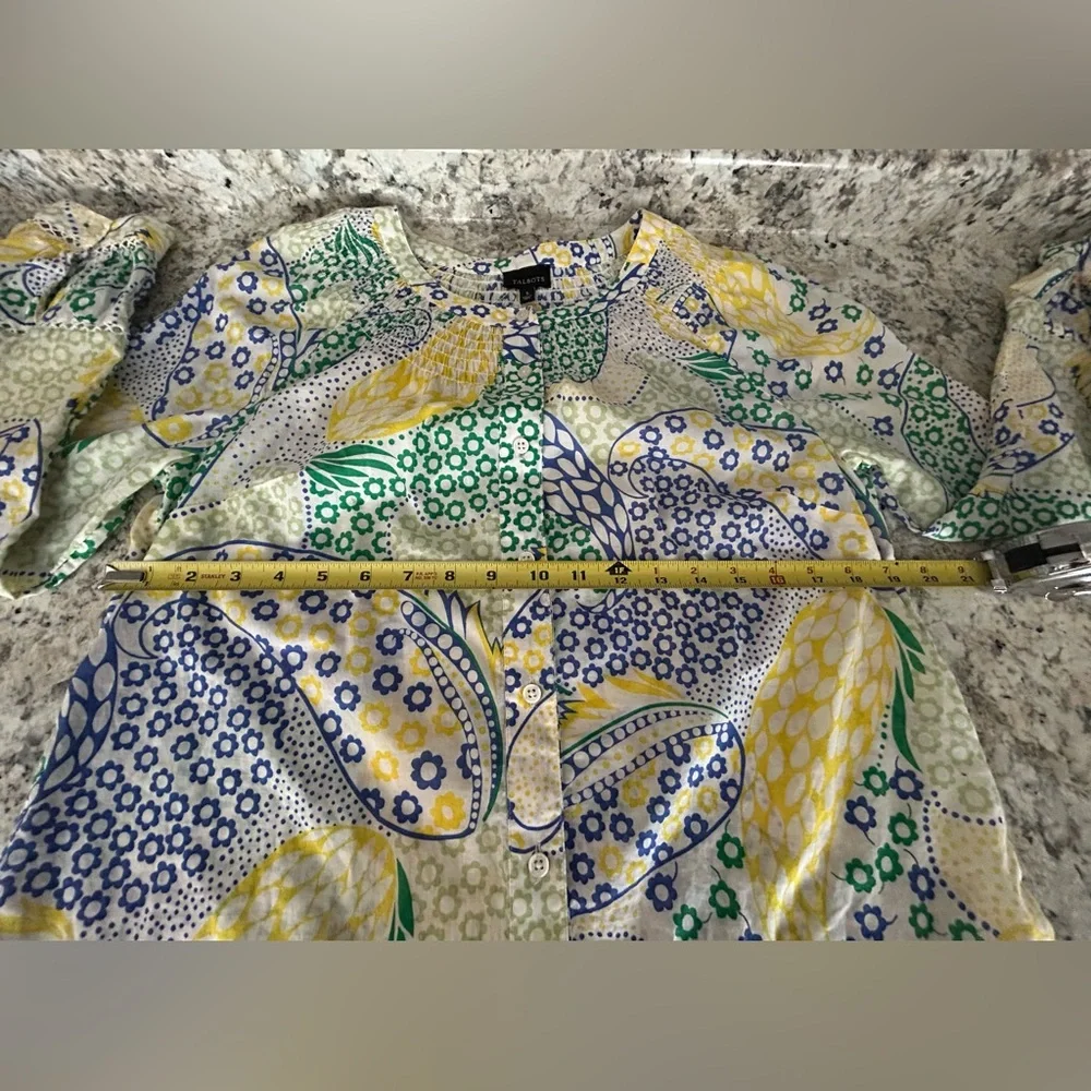 Talbots Smocked Peasant Blouse Button Up Crochet Accents Green Blue Yellow Sz S - Picture 9 of 10